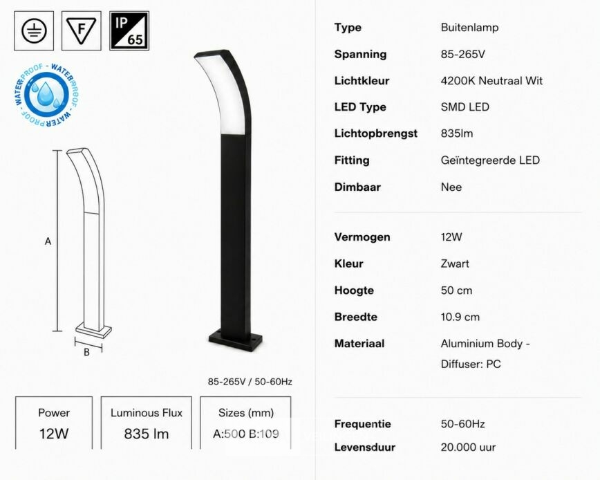 4 x LED Buiten Sokkel Lamp – 12W – 4200K Neutraal Wit - Zwart – IP65 – PRESTIGE-3 – foto 5 – kavel bij Belga Veilingen