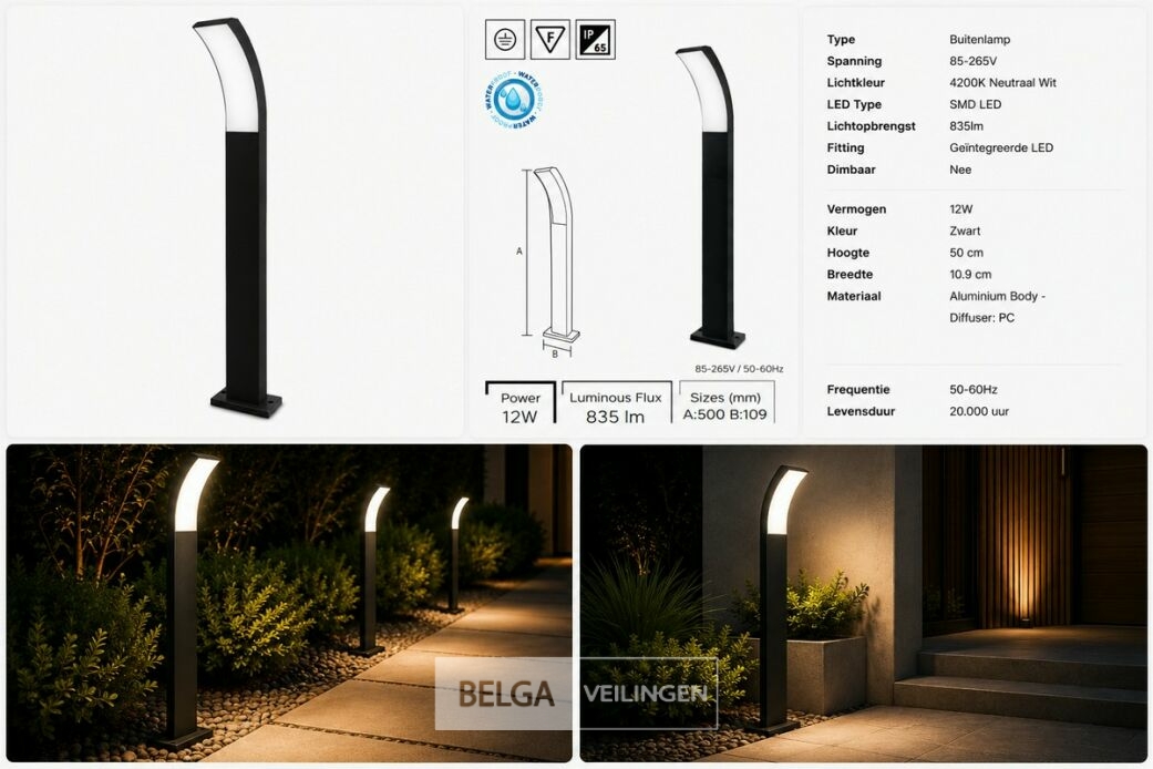 4 x LED Buiten Sokkel Lamp – 12W – 4200K Neutraal Wit - Zwart – IP65 – PRESTIGE-3 – foto 6 – kavel bij Belga Veilingen