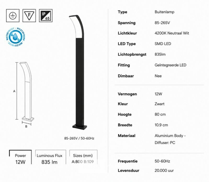 4 x LED Buiten Sokkel Lamp – 12W – 4200K Neutraal Wit - Zwart – IP65 – PRESTIGE-4 – foto 5 – kavel bij Belga Veilingen