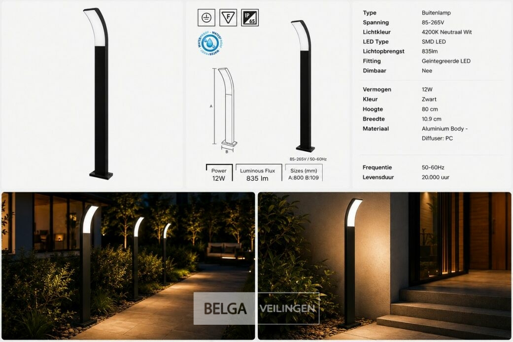 4 x LED Buiten Sokkel Lamp – 12W – 4200K Neutraal Wit - Zwart – IP65 – PRESTIGE-4 – foto 6 – kavel bij Belga Veilingen