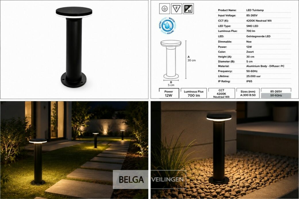 4 x LED Buiten Sokkel Lamp – 12W – 4200K Neutraal Wit - Zwart – IP65 – DEXTER-2 – foto 6 – kavel bij Belga Veilingen