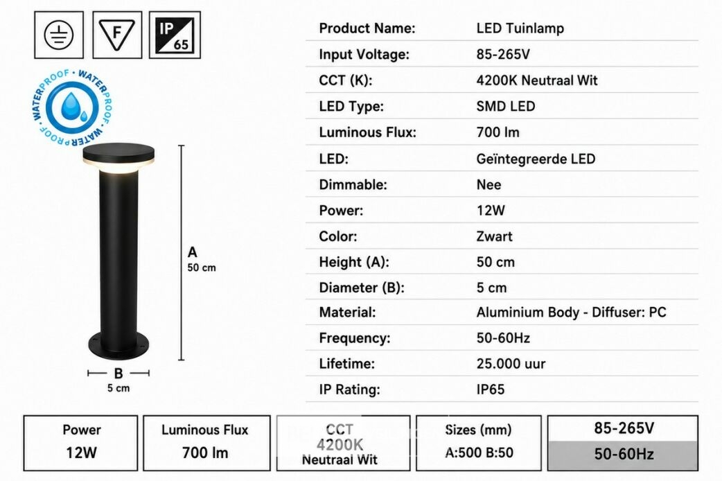 4 x LED Buiten Sokkel Lamp – 12W – 4200K Neutraal Wit - Zwart – IP65 – DEXTER-3 – foto 5 – kavel bij Belga Veilingen