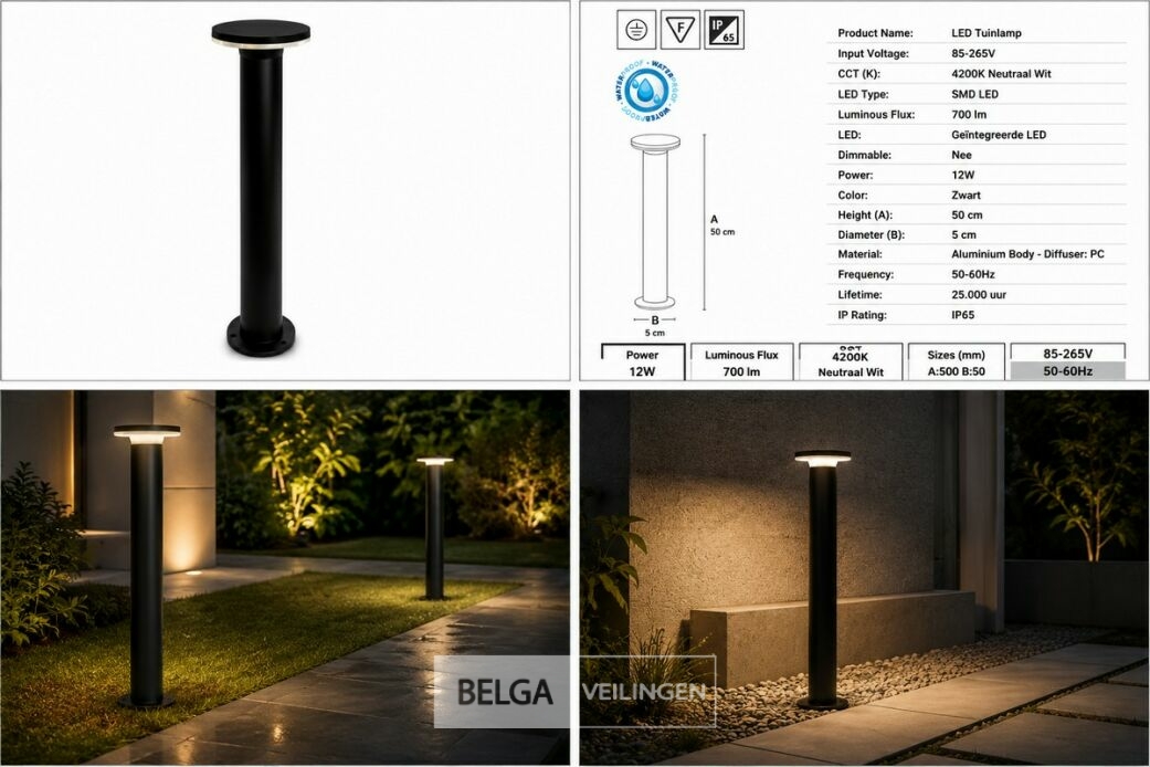 4 x LED Buiten Sokkel Lamp – 12W – 4200K Neutraal Wit - Zwart – IP65 – DEXTER-3 – foto 6 – kavel bij Belga Veilingen