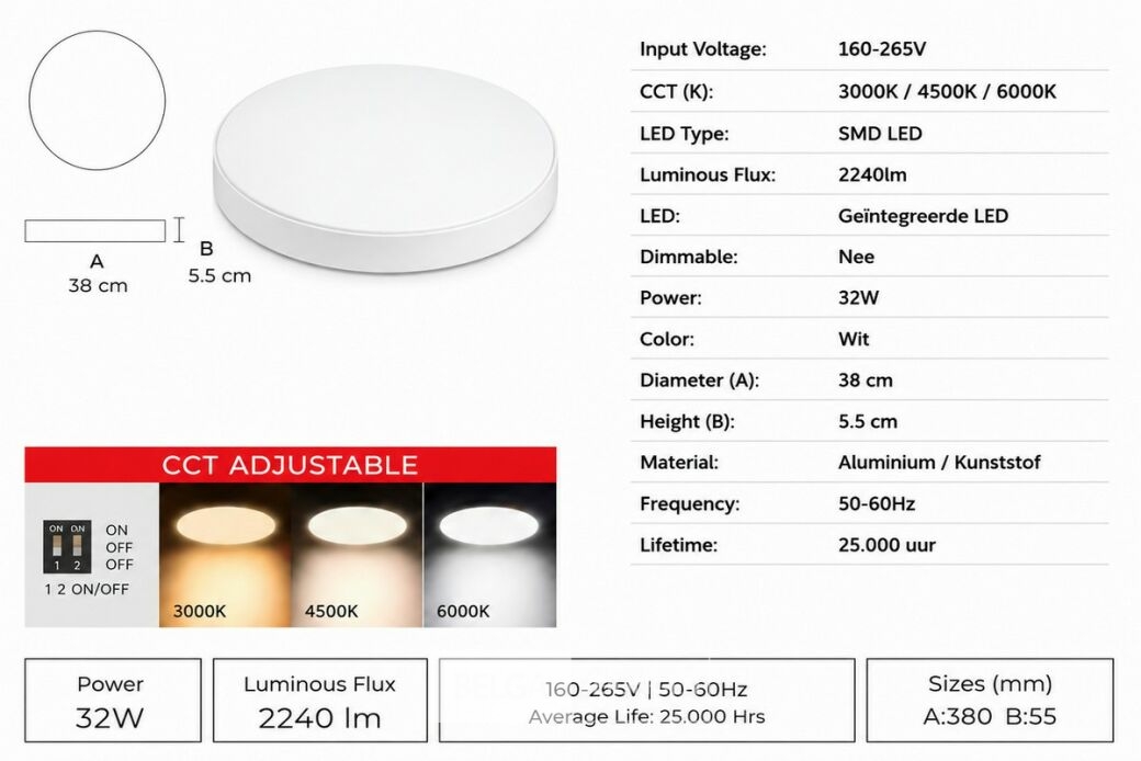 4 x LED Plafondlamp 32W – 3CCT Verstelbaar - Wit – IP20 – HAZEL-32 3CCT – foto 5 – kavel bij Belga Veilingen