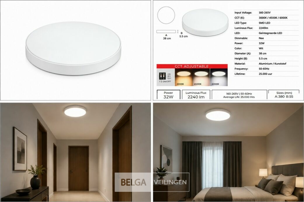 4 x LED Plafondlamp 32W – 3CCT Verstelbaar - Wit – IP20 – HAZEL-32 3CCT – foto 6 – kavel bij Belga Veilingen