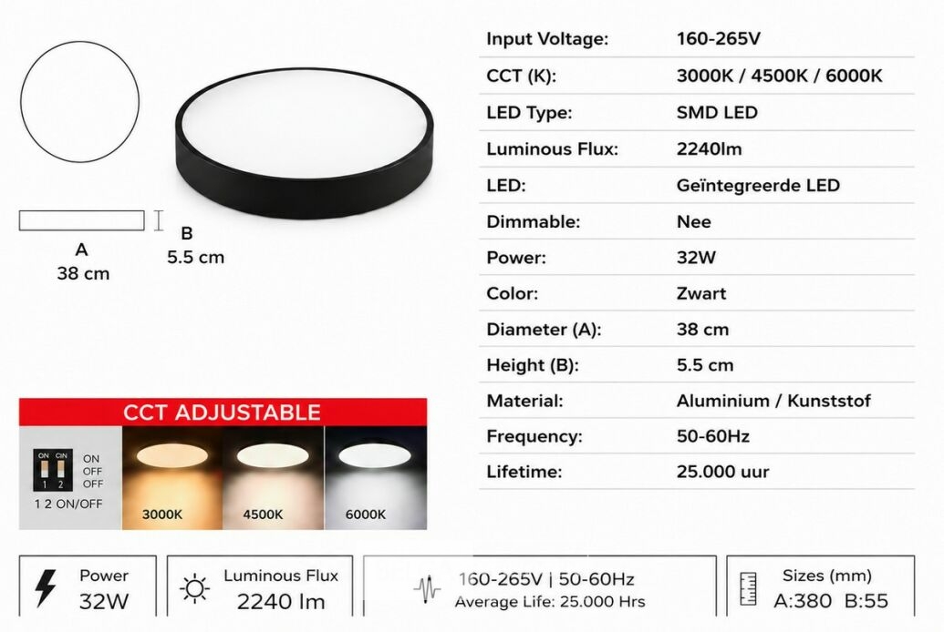 4 x LED Plafondlamp 32W – 3CCT Verstelbaar - Zwart – IP20 – HAZEL-32 3CCT – foto 5 – kavel bij Belga Veilingen