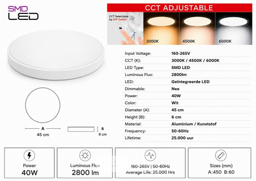 4 x LED Plafondlamp 40W – 3CCT Verstelbaar - Wit – IP20 – HAZEL-40 3CCT – foto 5 – kavel bij Belga Veilingen