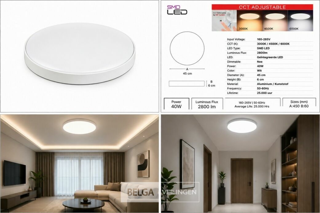 4 x LED Plafondlamp 40W – 3CCT Verstelbaar - Wit – IP20 – HAZEL-40 3CCT – foto 6 – kavel bij Belga Veilingen