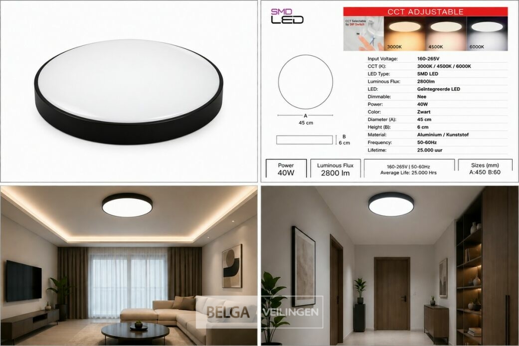 4 x LED Plafondlamp 40W – 3CCT Verstelbaar - Zwart – IP20 – HAZEL-40 3CCT – foto 6 – kavel bij Belga Veilingen