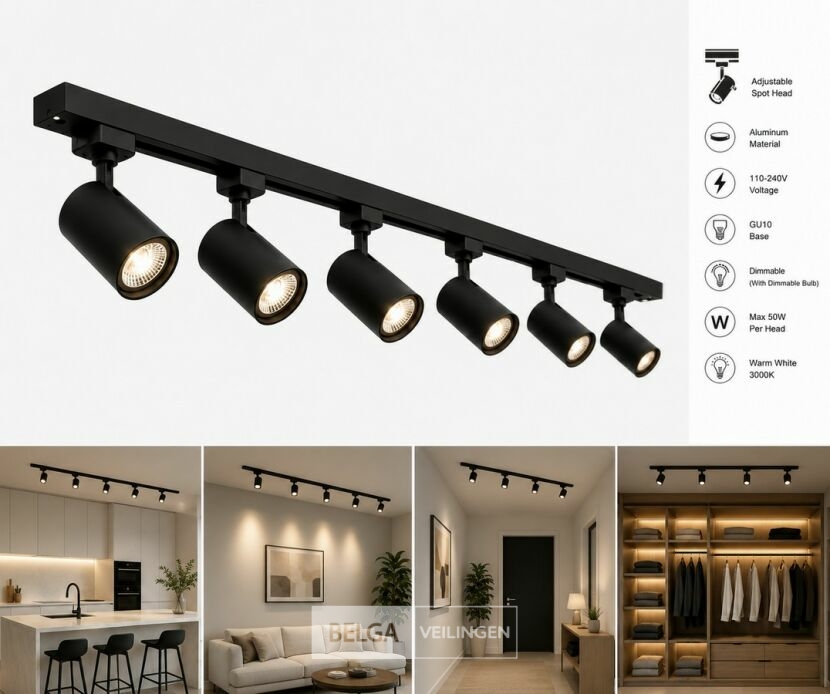 2 x 1-Fase Railverlichting Set – 2 Meter – Zwart – Inclusief 6 x GU10 Railspots – foto 2 – kavel bij Belga Veilingen