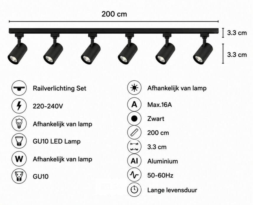 2 x 1-Fase Railverlichting Set – 2 Meter – Zwart – Inclusief 6 x GU10 Railspots – foto 5 – kavel bij Belga Veilingen