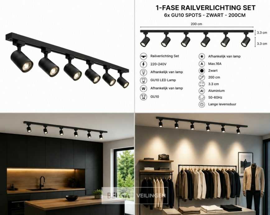 2 x 1-Fase Railverlichting Set – 2 Meter – Zwart – Inclusief 6 x GU10 Railspots – foto 6 – kavel bij Belga Veilingen