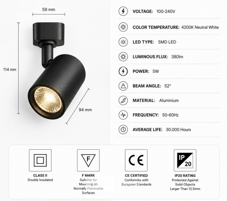 10 x LED Rail Spot 5W – 4200K Neutraal Wit - Zwart – IP20 – ARIZONA-5 – foto 5 – kavel bij Belga Veilingen