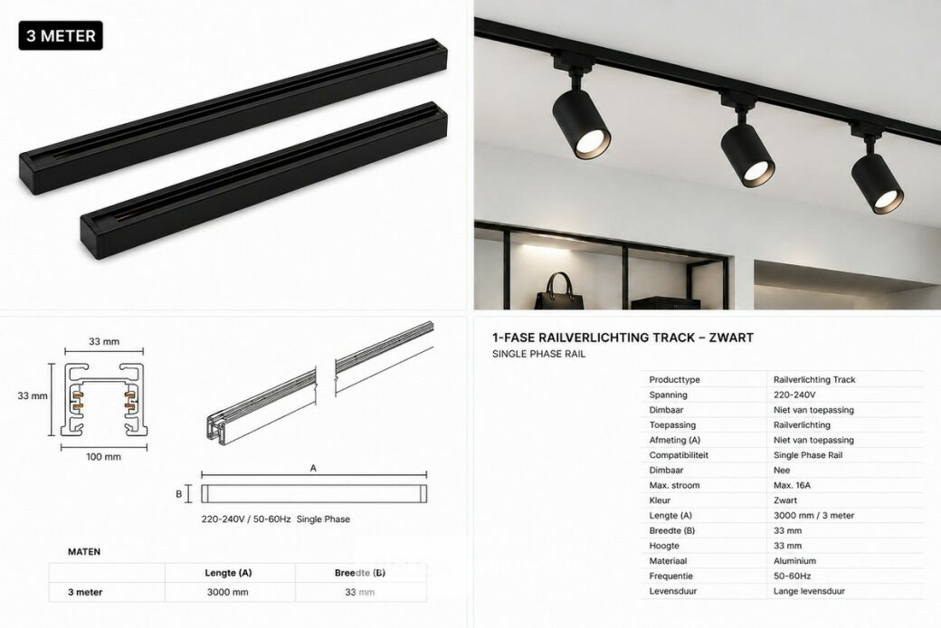 6 x Railverlichting Track – 1 Fase – 3 Meter – Zwart - LIGHTING TRACK – foto 6 – kavel bij Belga Veilingen