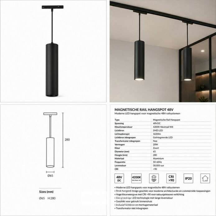 4 x LED Hangspot voor Magnetische Rail – 48V – 20W – 4200K Neutraal Wit – foto 6 – kavel bij Belga Veilingen
