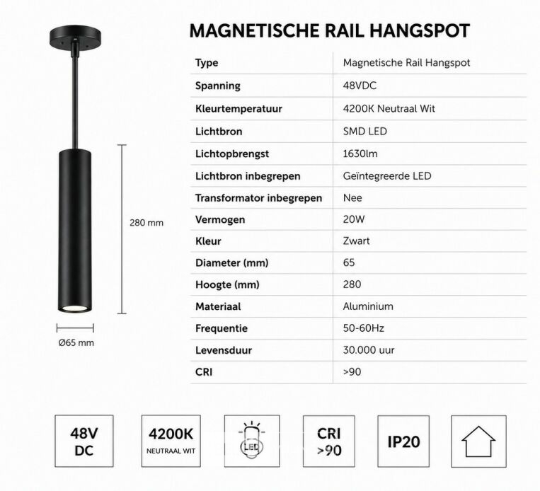 4 x LED Hangspot voor Magnetische Rail – 48V – 20W – 3000K Warm Wit – foto 5 – kavel bij Belga Veilingen