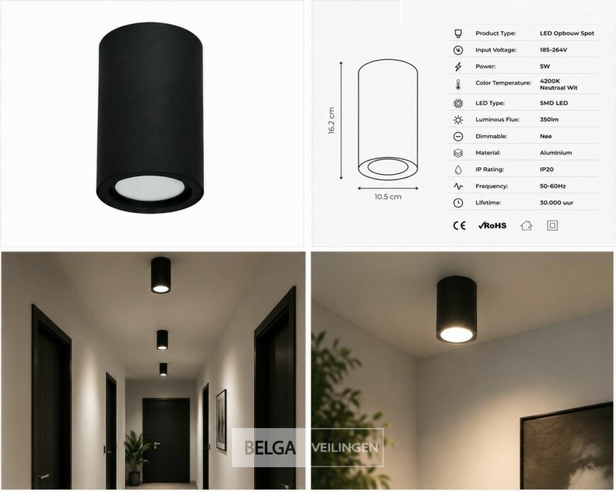 10 x LED Opbouw Spot 5W – 4200K Neutraal Wit - Zwart – IP20 – SANDRA-5/XL – foto 5 – kavel bij Belga Veilingen