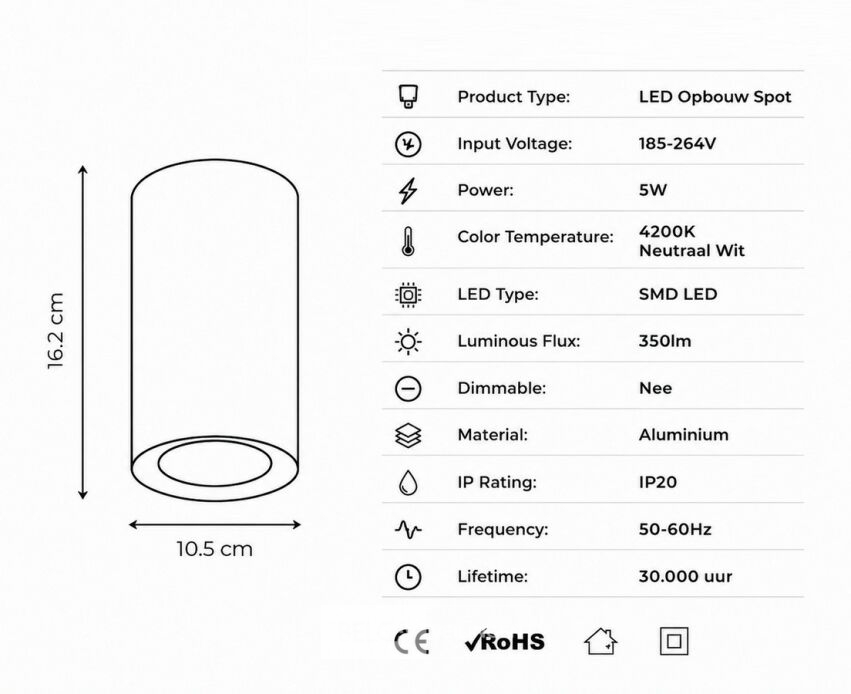 10 x LED Opbouw Spot 5W – 4200K Neutraal Wit - Wit – IP20 – SANDRA-5/XL – foto 5 – kavel bij Belga Veilingen