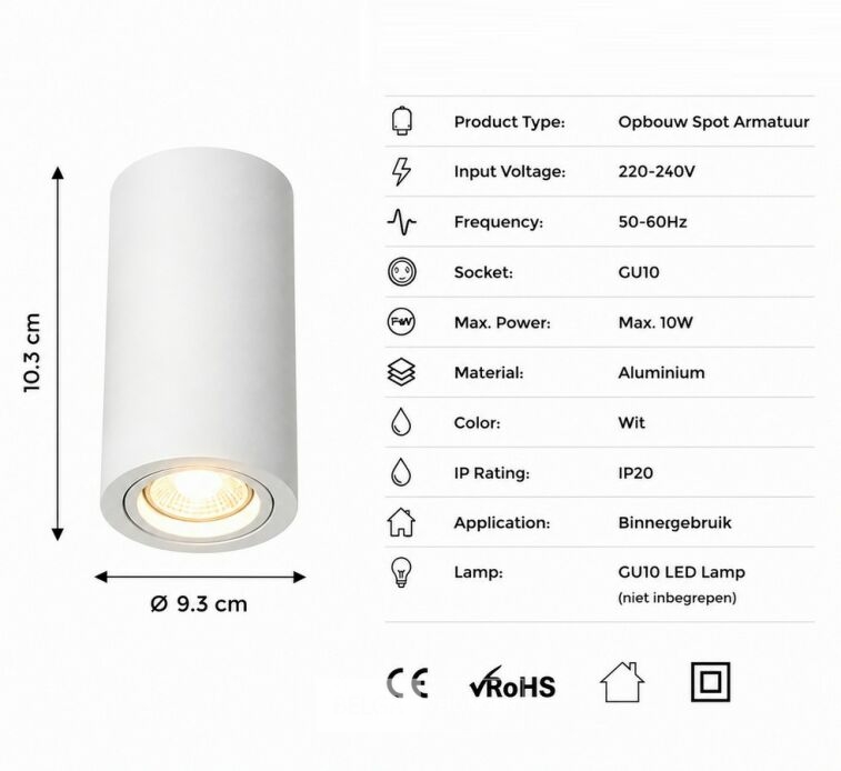 10 x Opbouw Spot Armatuur – GU10 – Wit – IP20 – FREZYA-R – foto 5 – kavel bij Belga Veilingen