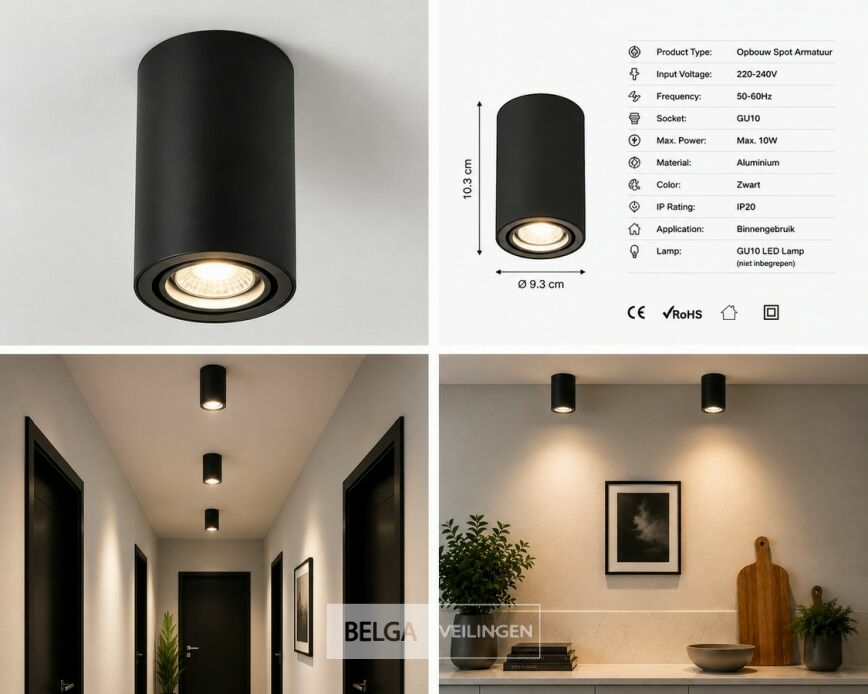 10 x Opbouw Spot Armatuur – GU10 – Zwart – IP20 – FREZYA-R – foto 6 – kavel bij Belga Veilingen