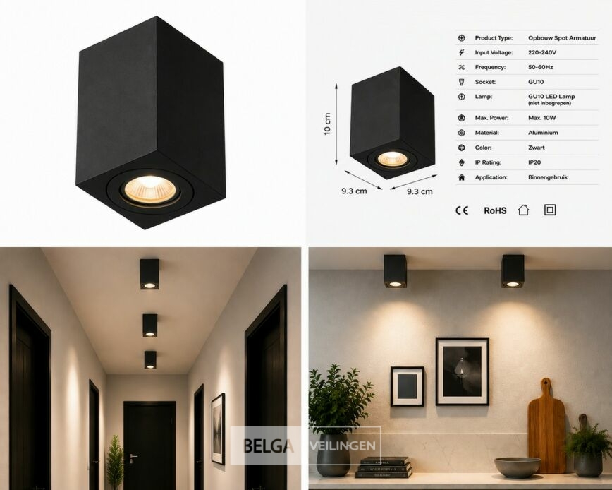 10 x Opbouw Spot Armatuur – GU10 – Zwart – IP20 – FREZYA-S – foto 6 – kavel bij Belga Veilingen