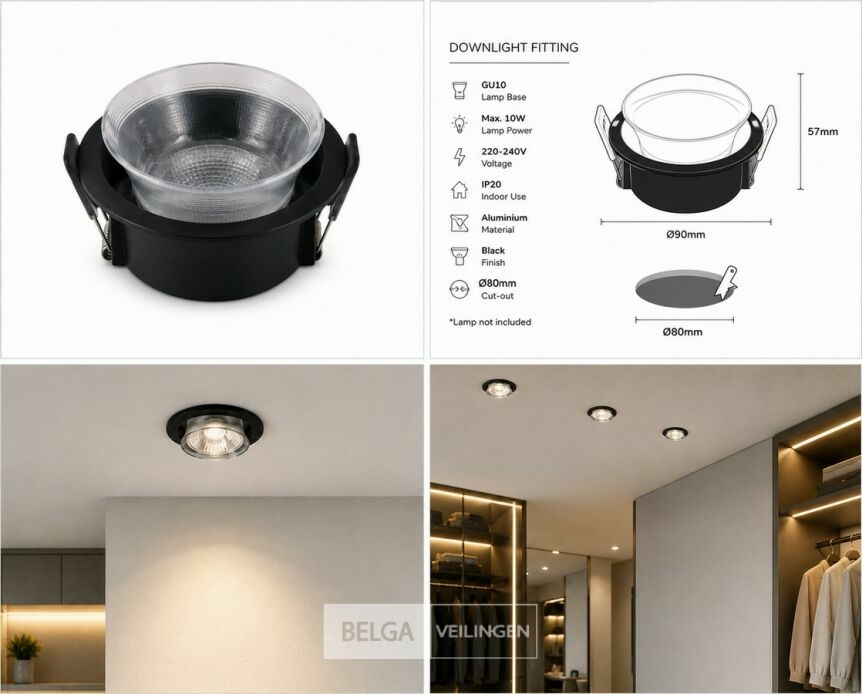 25 x Downlight Fitting – GU10 – Zwart – Ø90mm – IP20 – MINT-1 – foto 4 – kavel bij Belga Veilingen