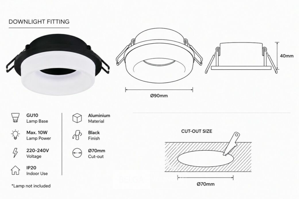25 x Downlight Fitting – GU10 – Zwart – Ø70mm – IP20 – KADIFE – foto 5 – kavel bij Belga Veilingen