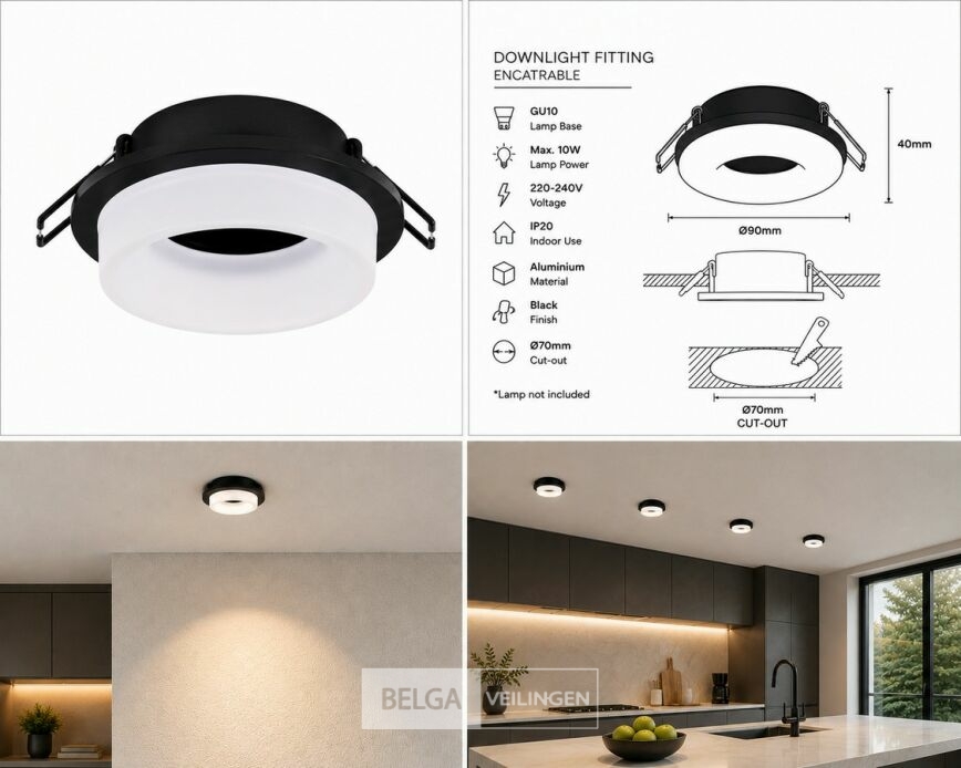 25 x Downlight Fitting – GU10 – Zwart – Ø70mm – IP20 – KADIFE – foto 7 – kavel bij Belga Veilingen