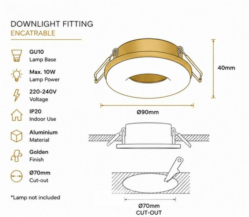 25 x Downlight Fitting – GU10 – Goud – Ø70mm – IP20 – KADIFE – foto 4 – kavel bij Belga Veilingen
