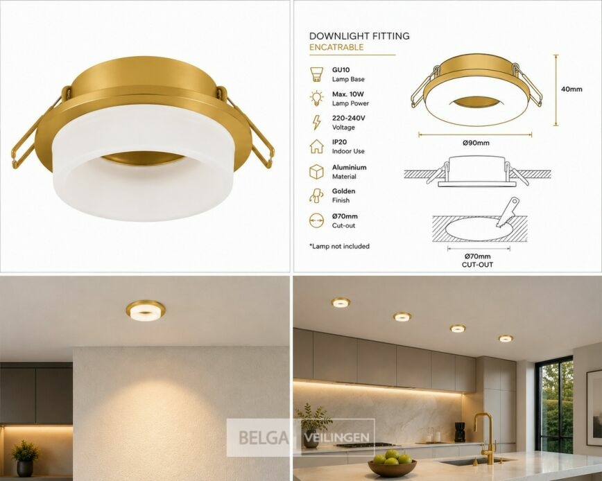 25 x Downlight Fitting – GU10 – Goud – Ø70mm – IP20 – KADIFE – foto 6 – kavel bij Belga Veilingen
