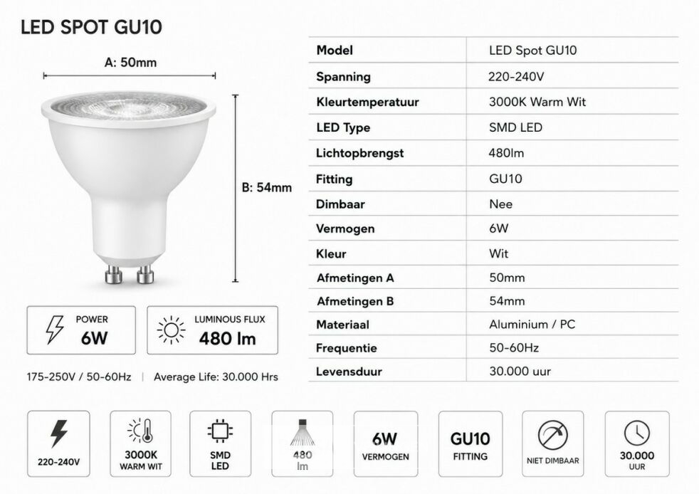 50 x LED Spot GU10 – 6W – 3000K Warm Wit – IP20 – foto 4 – kavel bij Belga Veilingen