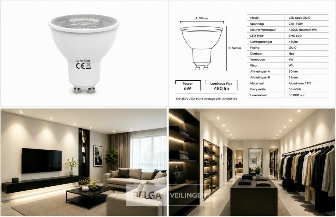 50 x LED Spot GU10 – 6W – 4200K Neutraal Wit – IP20 – foto 5 – kavel bij Belga Veilingen