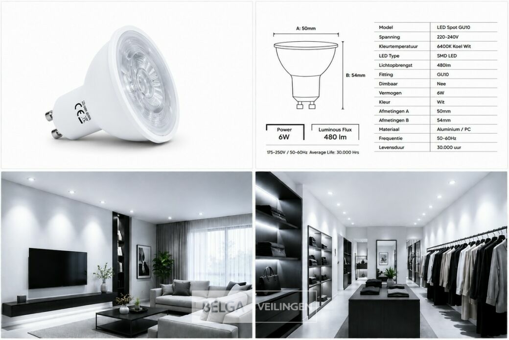 100 x LED Spot GU10 – 6W – 6400K Koud Wit – IP20 – foto 5 – kavel bij Belga Veilingen