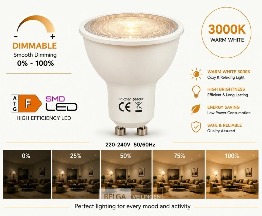 50 x LED Spot GU10 – 6W – Dimbaar – 3000K Warm Wit – IP20 – foto 2 – kavel bij Belga Veilingen