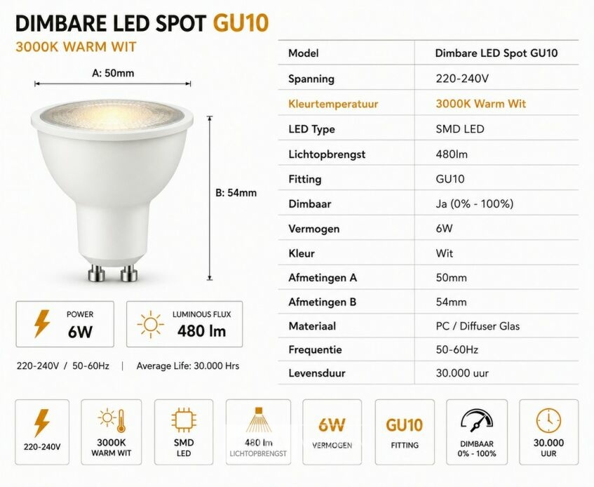 50 x LED Spot GU10 – 6W – Dimbaar – 3000K Warm Wit – IP20 – foto 4 – kavel bij Belga Veilingen