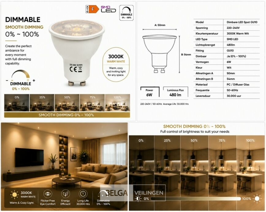 50 x LED Spot GU10 – 6W – Dimbaar – 3000K Warm Wit – IP20 – foto 5 – kavel bij Belga Veilingen