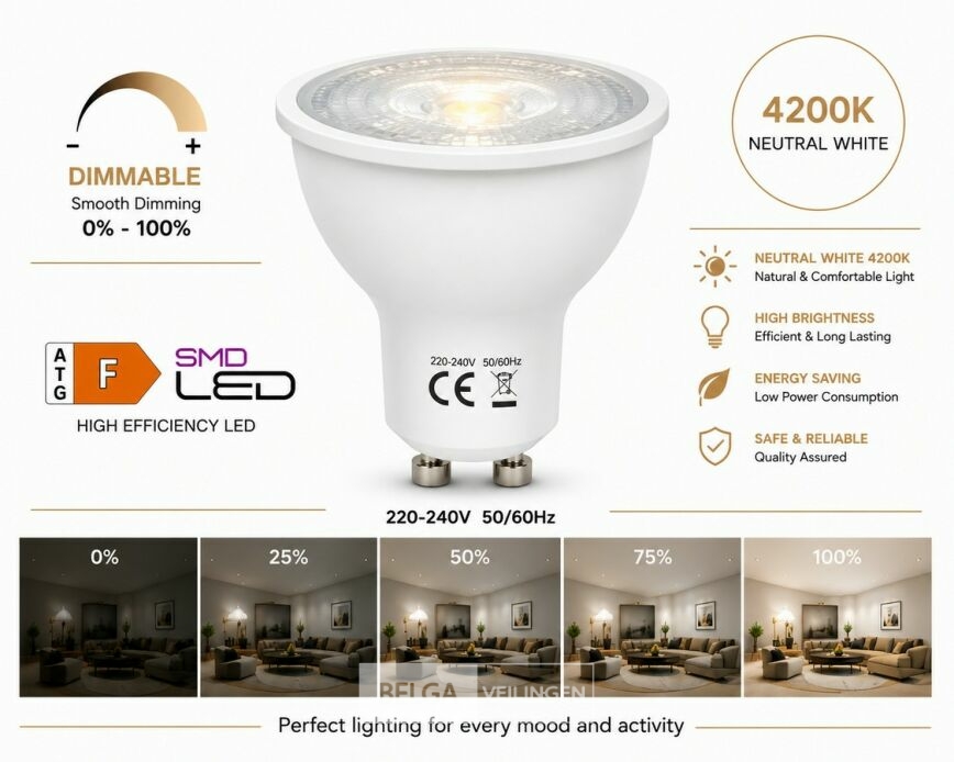 50 x LED Spot GU10 – 6W – Dimbaar – 4200K Neutraal Wit – IP20 – foto 2 – kavel bij Belga Veilingen