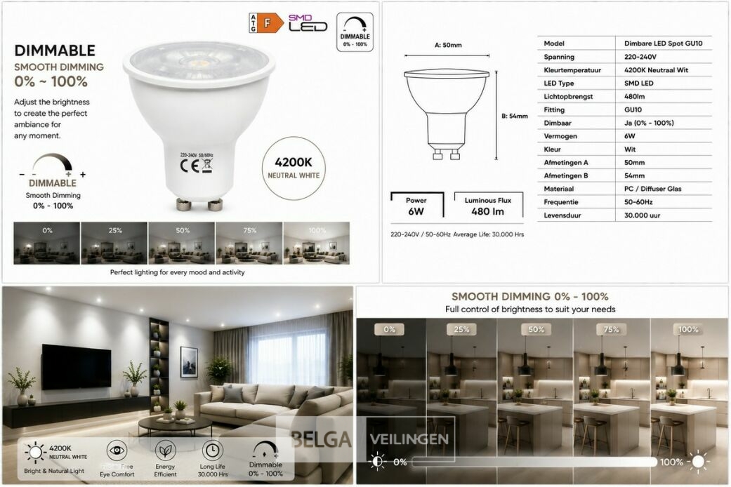 50 x LED Spot GU10 – 6W – Dimbaar – 4200K Neutraal Wit – IP20 – foto 5 – kavel bij Belga Veilingen