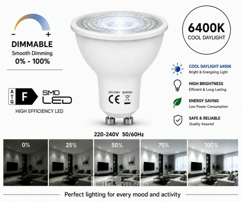 50 x LED Spot GU10 – 6W – Dimbaar – 6400K Koud Wit – IP20 – foto 2 – kavel bij Belga Veilingen