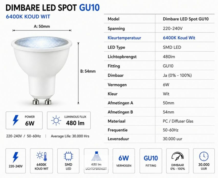 50 x LED Spot GU10 – 6W – Dimbaar – 6400K Koud Wit – IP20 – foto 5 – kavel bij Belga Veilingen