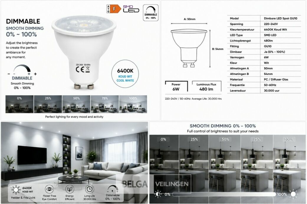 50 x LED Spot GU10 – 6W – Dimbaar – 6400K Koud Wit – IP20 – foto 6 – kavel bij Belga Veilingen