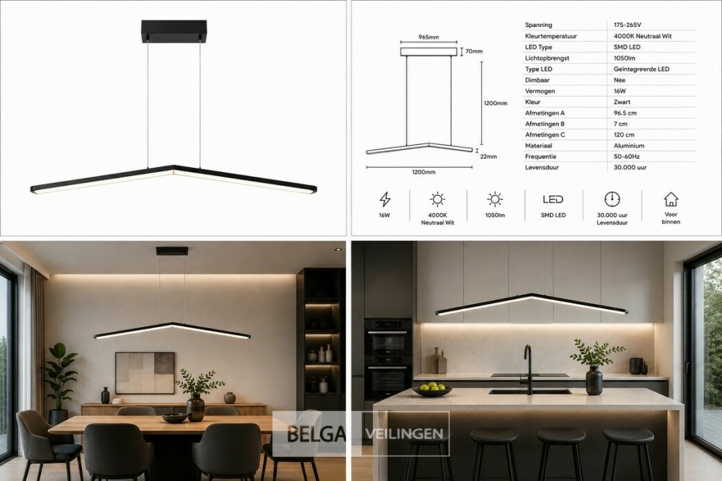 LED Hanglamp 16W – 4000K Neutraal Wit - Zwart – IP20 – EDMOND-16 – foto 6 – kavel bij Belga Veilingen