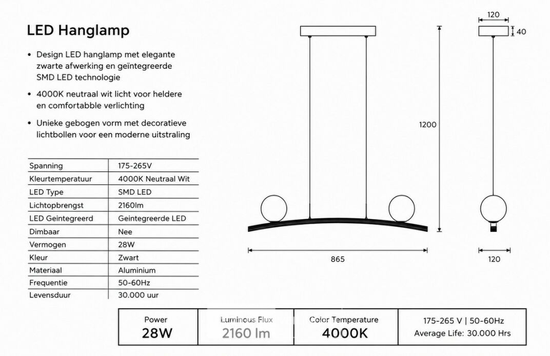 LED Hanglamp 28W – 4000K Neutraal Wit - Zwart – IP20 – INVICTA-28 – foto 5 – kavel bij Belga Veilingen