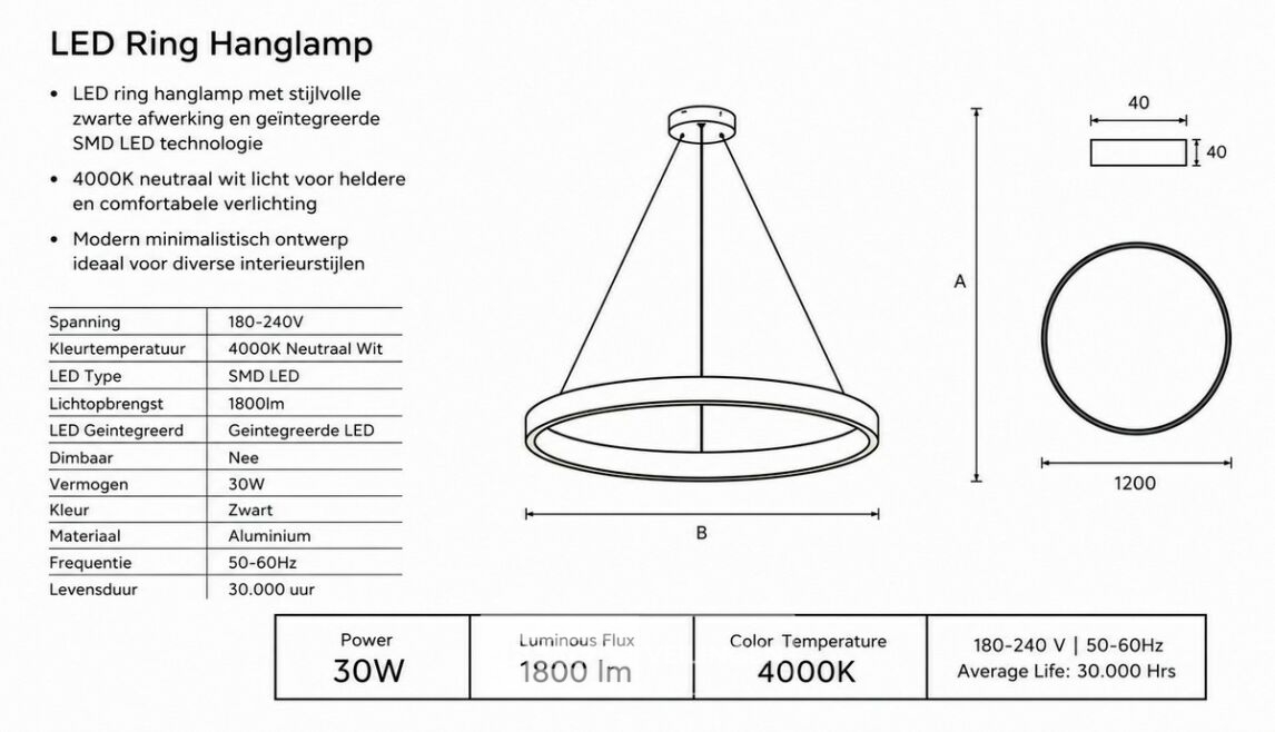LED Ring Hanglamp 30W – 4000K Neutraal Wit - Zwart – IP20 – ESSENCE-30 – foto 5 – kavel bij Belga Veilingen