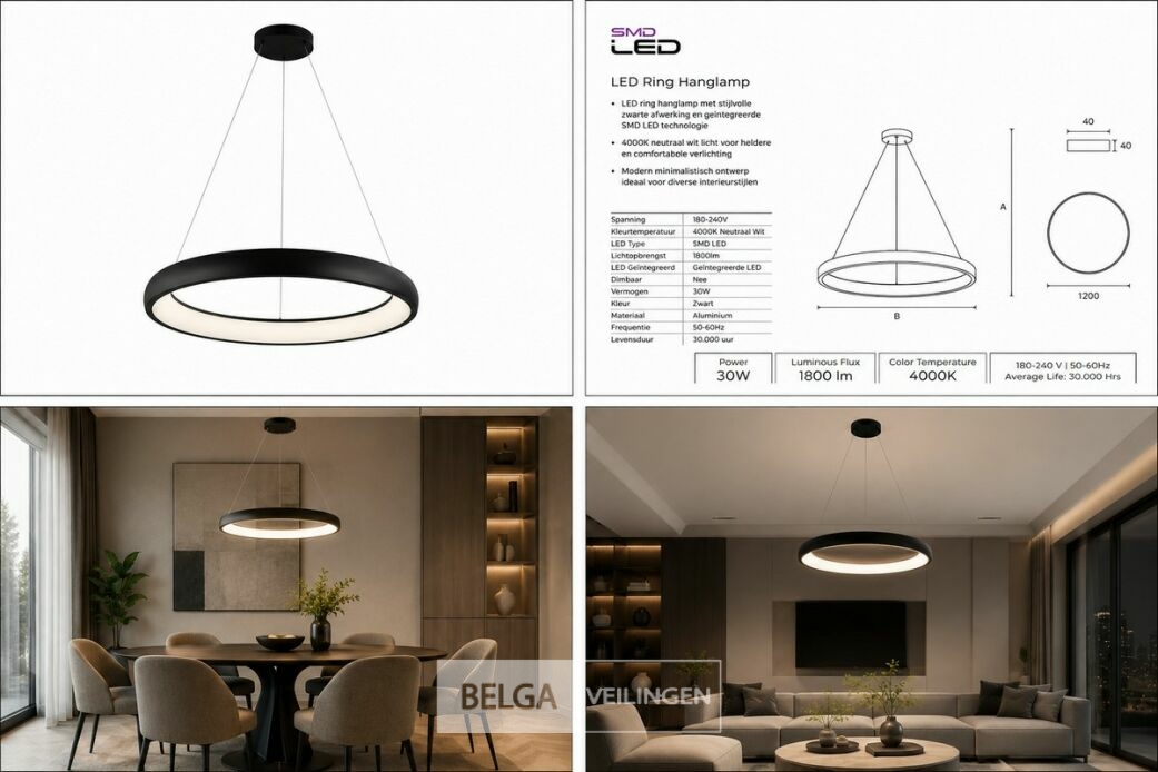 LED Ring Hanglamp 30W – 4000K Neutraal Wit - Zwart – IP20 – ESSENCE-30 – foto 6 – kavel bij Belga Veilingen