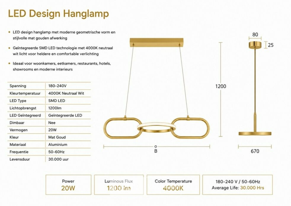 LED Design Hanglamp 20W – 4000K Neutraal Wit - Rose Gold – IP20 – EMPIRE-20 – foto 6 – kavel bij Belga Veilingen