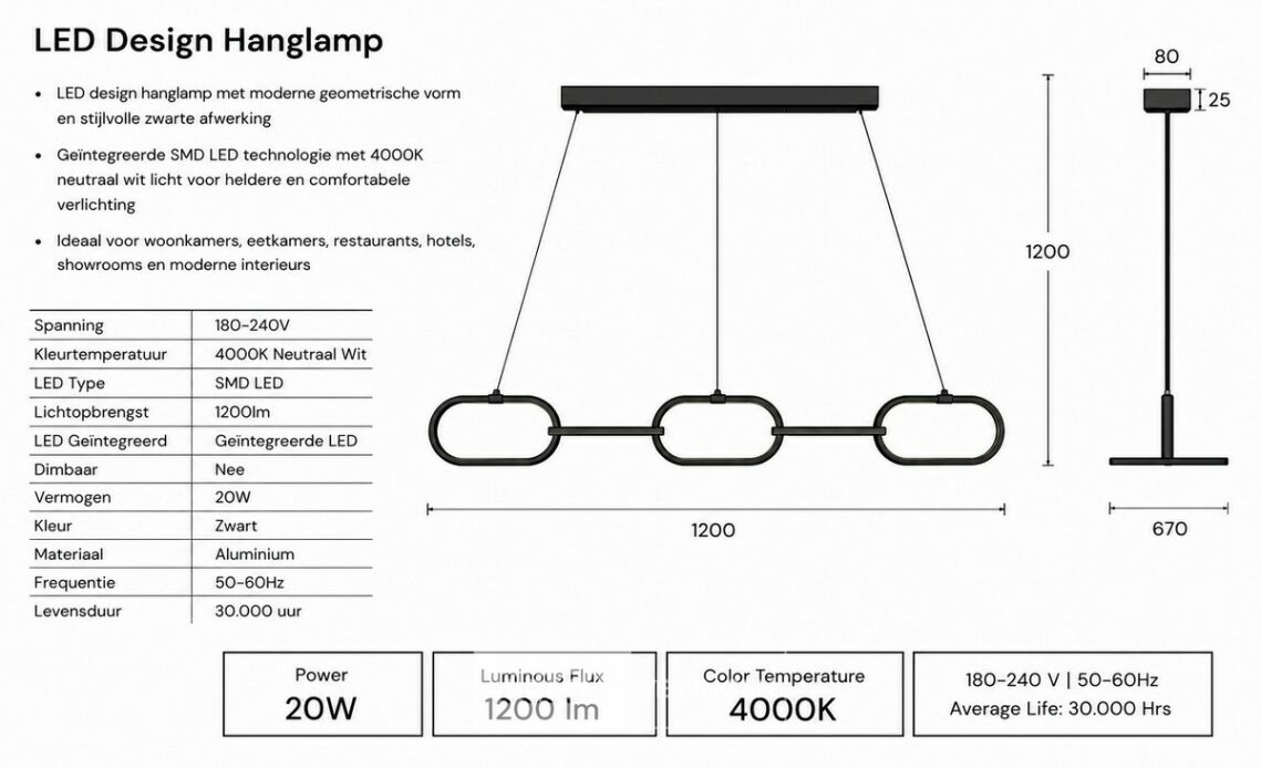 LED Design Hanglamp 36W – 4000K Neutraal Wit - Zwart – IP20 – EMPIRE-36 – foto 5 – kavel bij Belga Veilingen