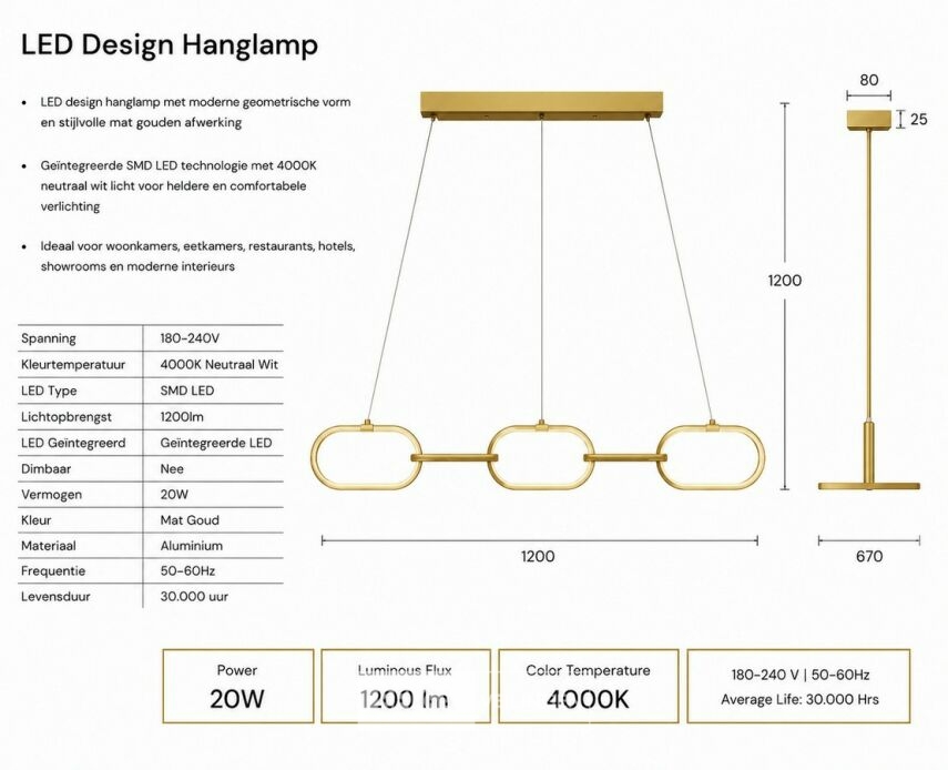 LED Design Hanglamp 36W – 4000K Neutraal Wit - Rose Gold – IP20 – EMPIRE-36 – foto 5 – kavel bij Belga Veilingen