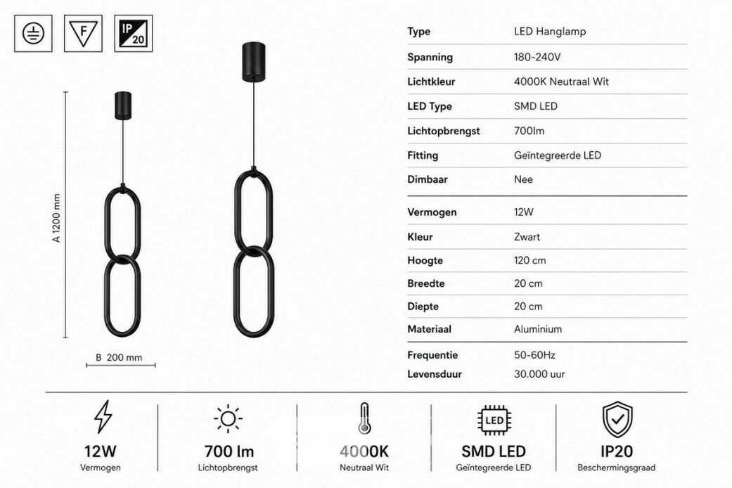 LED Hanglamp 12W – 4000K Neutraal Wit - Zwart – IP20 – SANTANA – foto 5 – kavel bij Belga Veilingen