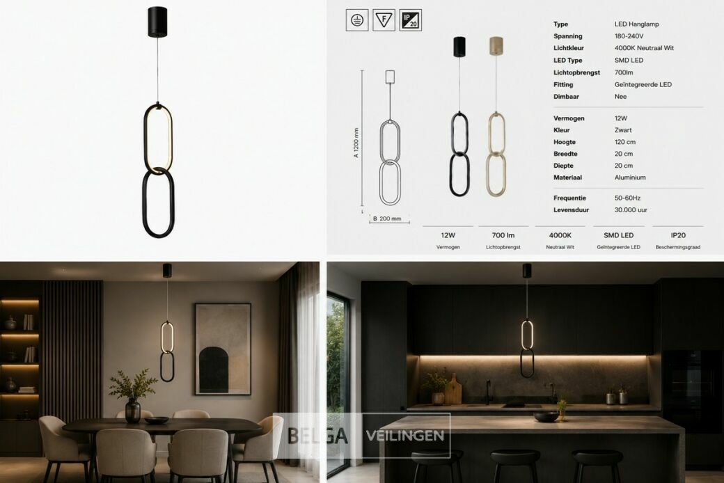 LED Hanglamp 12W – 4000K Neutraal Wit - Zwart – IP20 – SANTANA – foto 6 – kavel bij Belga Veilingen
